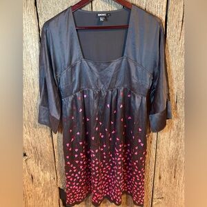 Black 3/4 sleeve DKNY silk dress with pink and red hearts size 8
